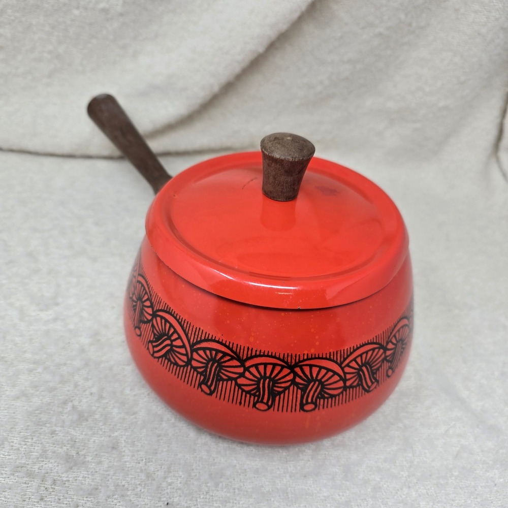 Vintage Fondue Pot Red Enamel Mushroom Print Wood Handle Retro